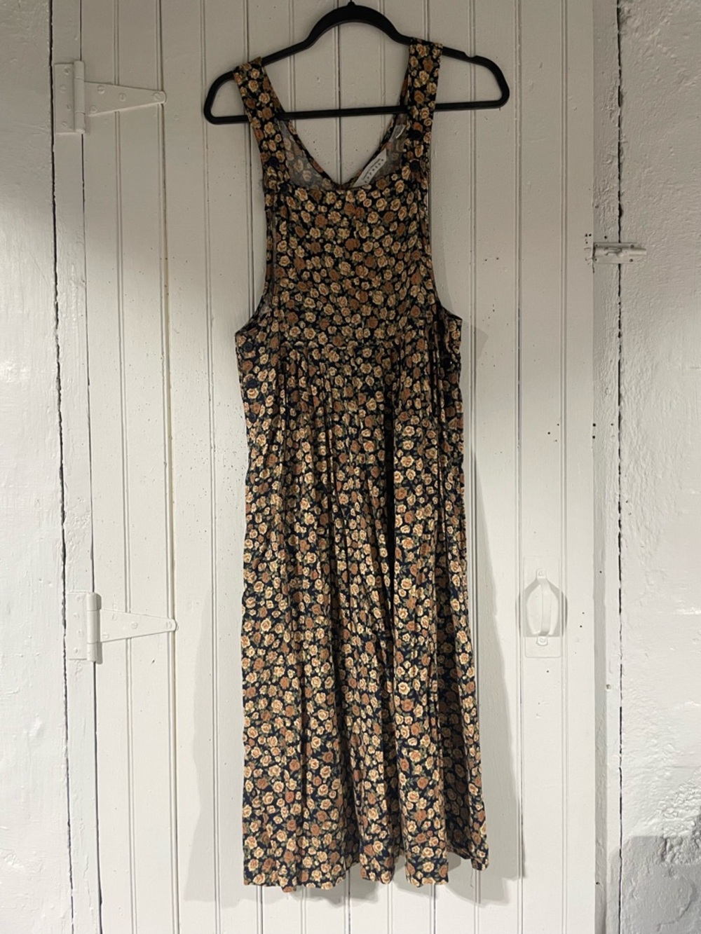 Express Navy Overall Style Midi Dress with Tan Floral Pattern